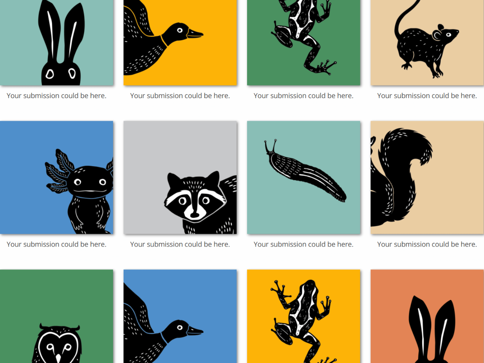 Screenshot of the Summer Adventure gallery with creature illustrations on various solid color backgrounds with captions that read Your submission could be here.